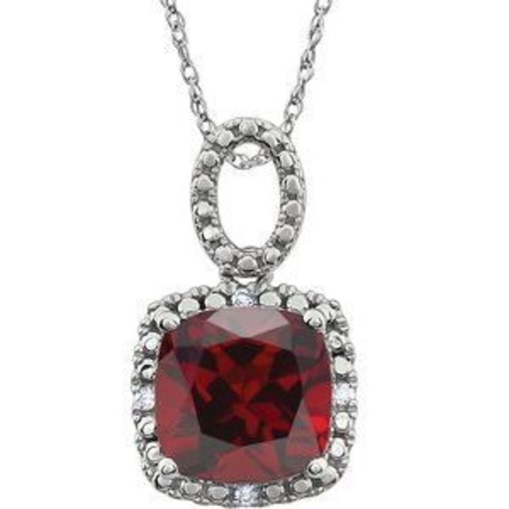 14k White Natural Mozambique Garnet & .03 Ctw Natural Diamond 18" Necklace